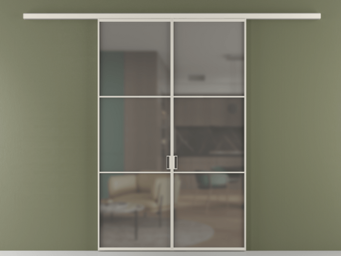 Перегородка Formato вдоль стены 2 створки АЛПР 040.03 Алюминий облачно-серый Сатинированное серое стекло, триплекс Цена 1761480 ₸ | Volhovec