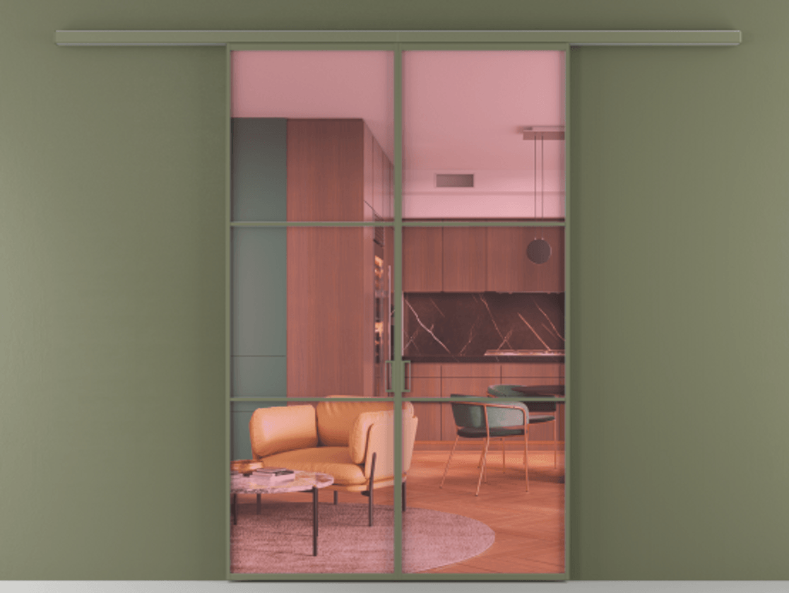 Перегородка Формато вдоль стены 2 створки АЛПР 040.03 Алюминий оливковый тёмный Прозрачное розовое стекло, триплекс Цена 1534378 ₸ | Volhovec