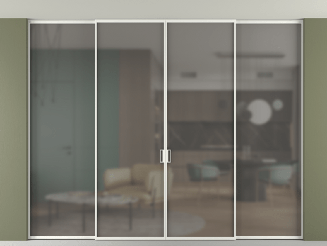 Перегородка Formato внутри проёма скрытое крепление в потолок 4 створки АЛПР 040.01 Алюминий светло-серый Сатинированное серое стекло, триплекс Цена 3195688 ₸ | Volhovec