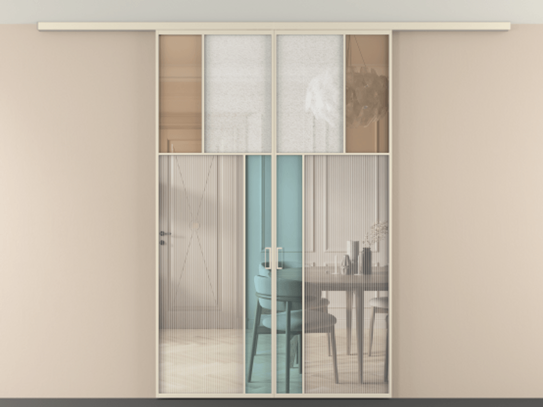 Перегородка Mosaic вдоль стены на потолок двустворчатая АЛПР 041.22 Алюминий бежево-серый Комбинация стекол Группы 1 и Группы 3 Цена 1715900 ₸ | Volhovec