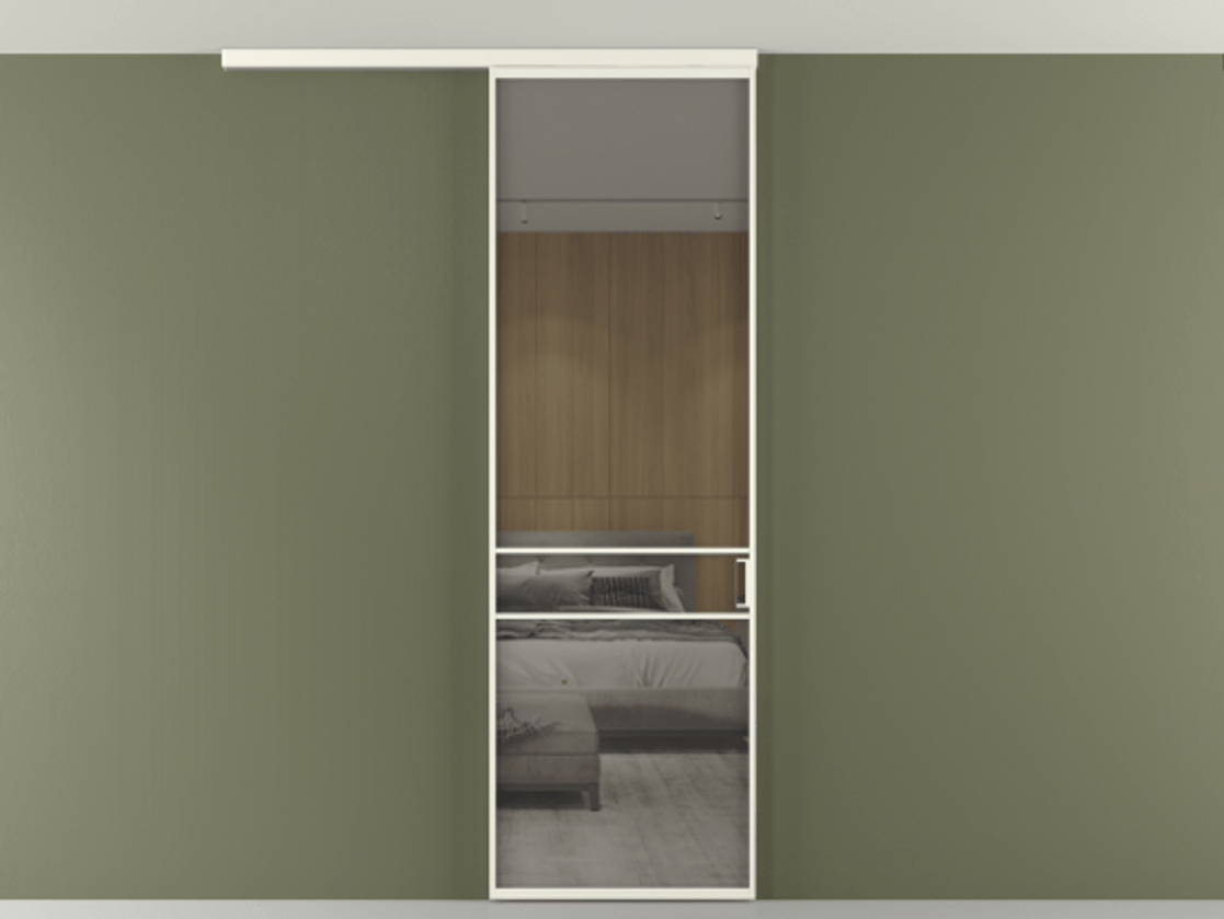 Перегородка Formato вдоль стены на потолок 1 створка АЛПР 040.02 Алюминий жемчужный Рефлективное серое стекло "Stopsol", калёное Цена 948856 ₸ | Volhovec