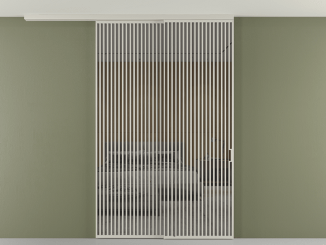 Перегородка Формато вдоль стены на потолок 2 створки с синхронным механизмом АЛПР 040.06 Алюминий тёплый серый Рефлективное серое стекло "Стопсол", калёное Цена 4102207 ₸ | Volhovec