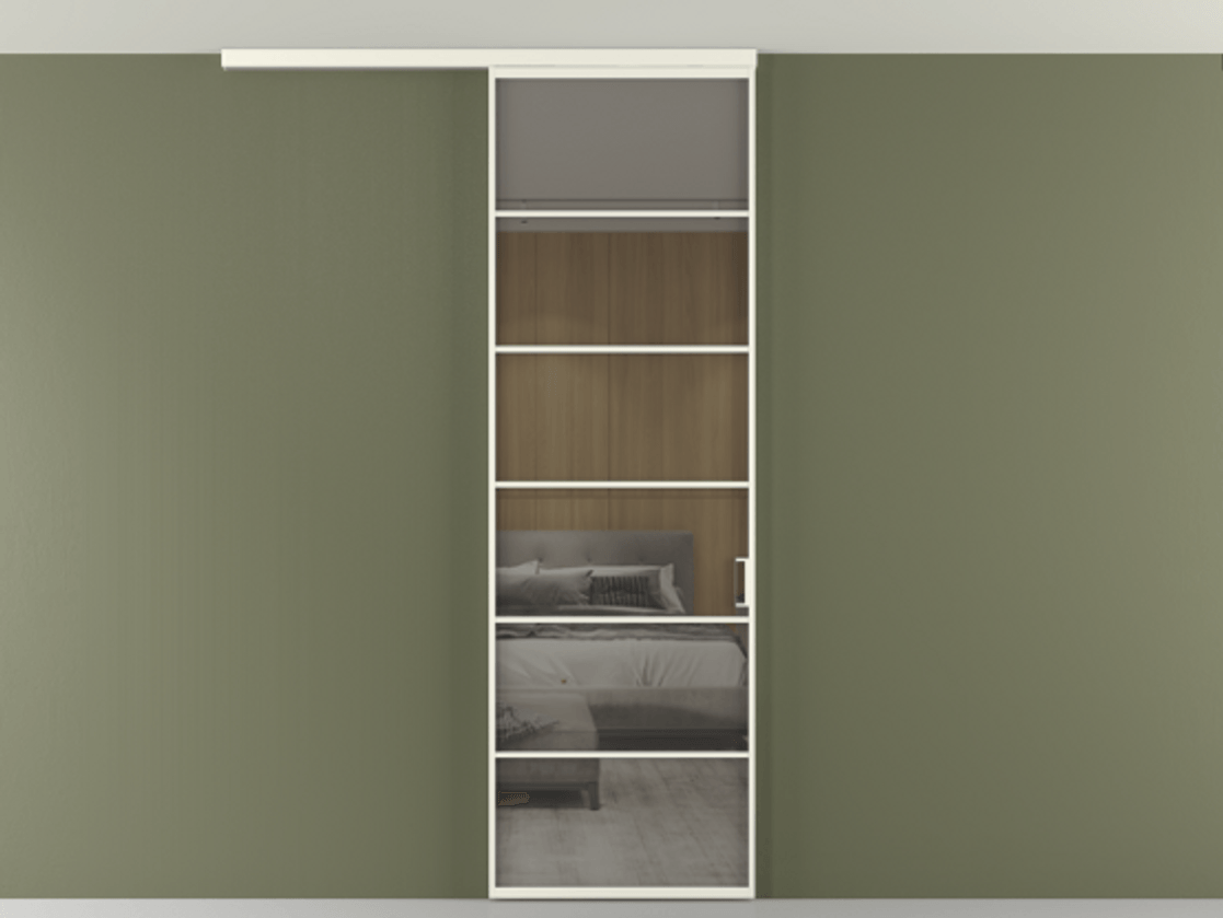 Перегородка Формато вдоль стены на потолок 1 створка АЛПР 040.04 Алюминий жемчужный Рефлективное серое стекло "Стопсол", калёное Цена 863745 ₸ | Volhovec