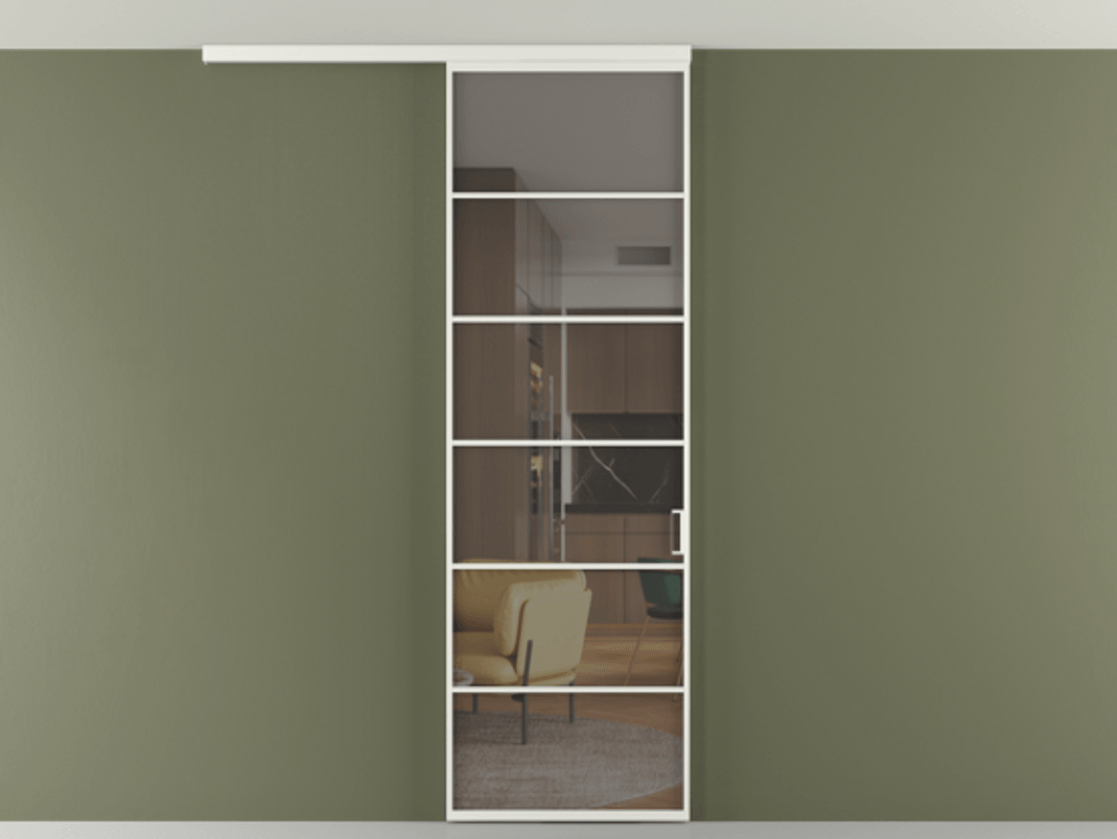 Перегородка Formato вдоль стены на потолок 1 створка АЛПР 040.04 Алюминий светло-серый Прозрачное серое стекло, триплекс Цена 780895 ₸ | Volhovec