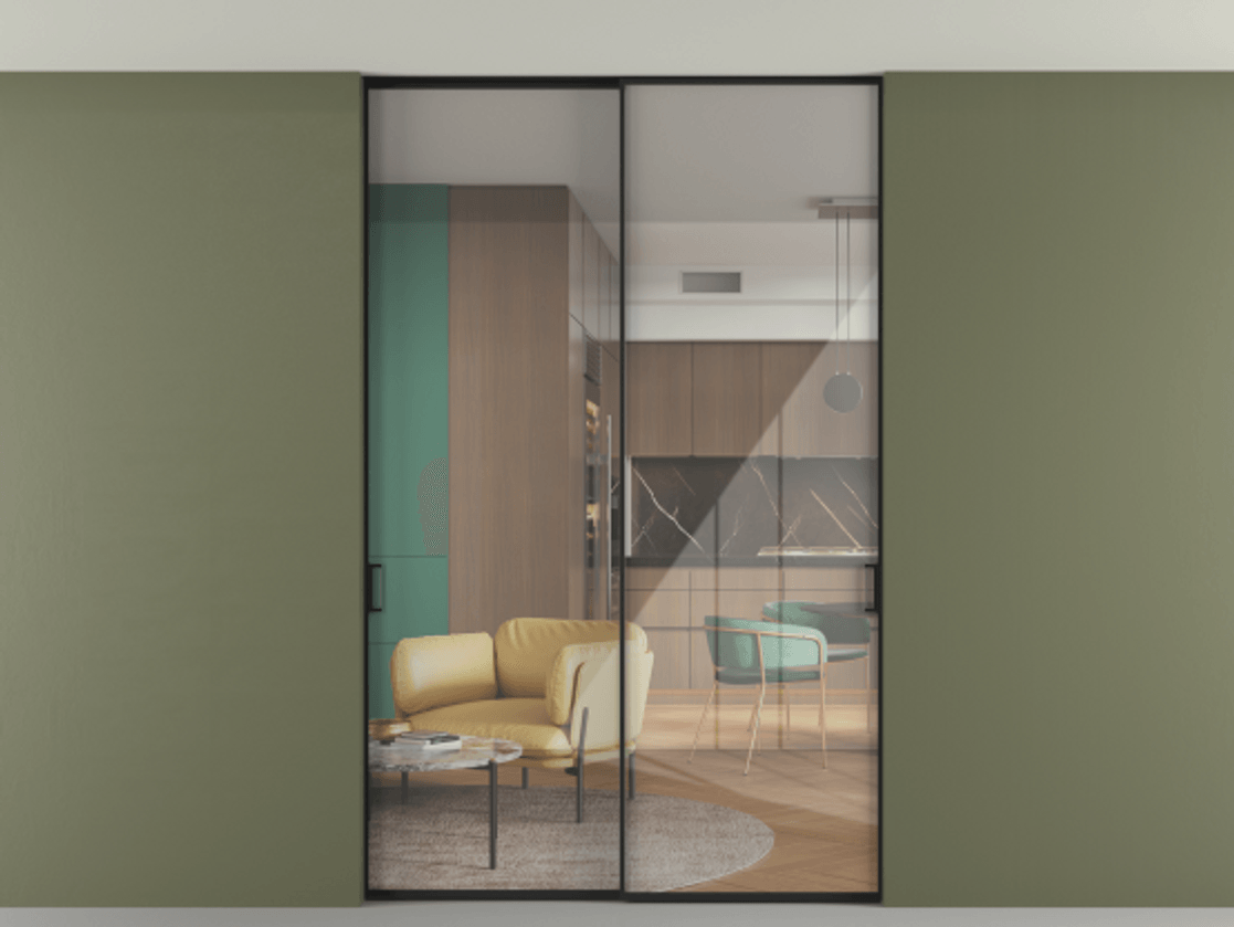 Перегородка Формато внутри проёма скрытое крепление в потолок 2 створки АЛПР 040.01 Алюминий Черный Рефлективное прозрачное стекло "Стопсол", калёное Цена 2163370 ₸ | Volhovec