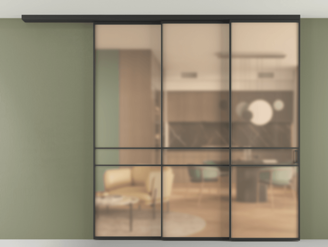 Перегородка Формато вдоль стены на потолок 3 створки с синхронным механизмом АЛПР 040.02 Алюминий Черный Сатинированное оранжевое стекло, триплекс Цена 2763653 ₸ | Volhovec