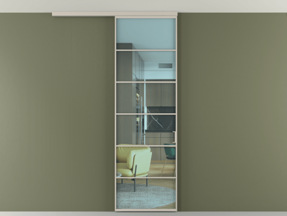 Перегородка Формато вдоль стены на потолок 1 створка АЛПР 040.04 Алюминий светло-бежевый Прозрачное голубое стекло, триплекс Цена 780891 ₸ | Volhovec