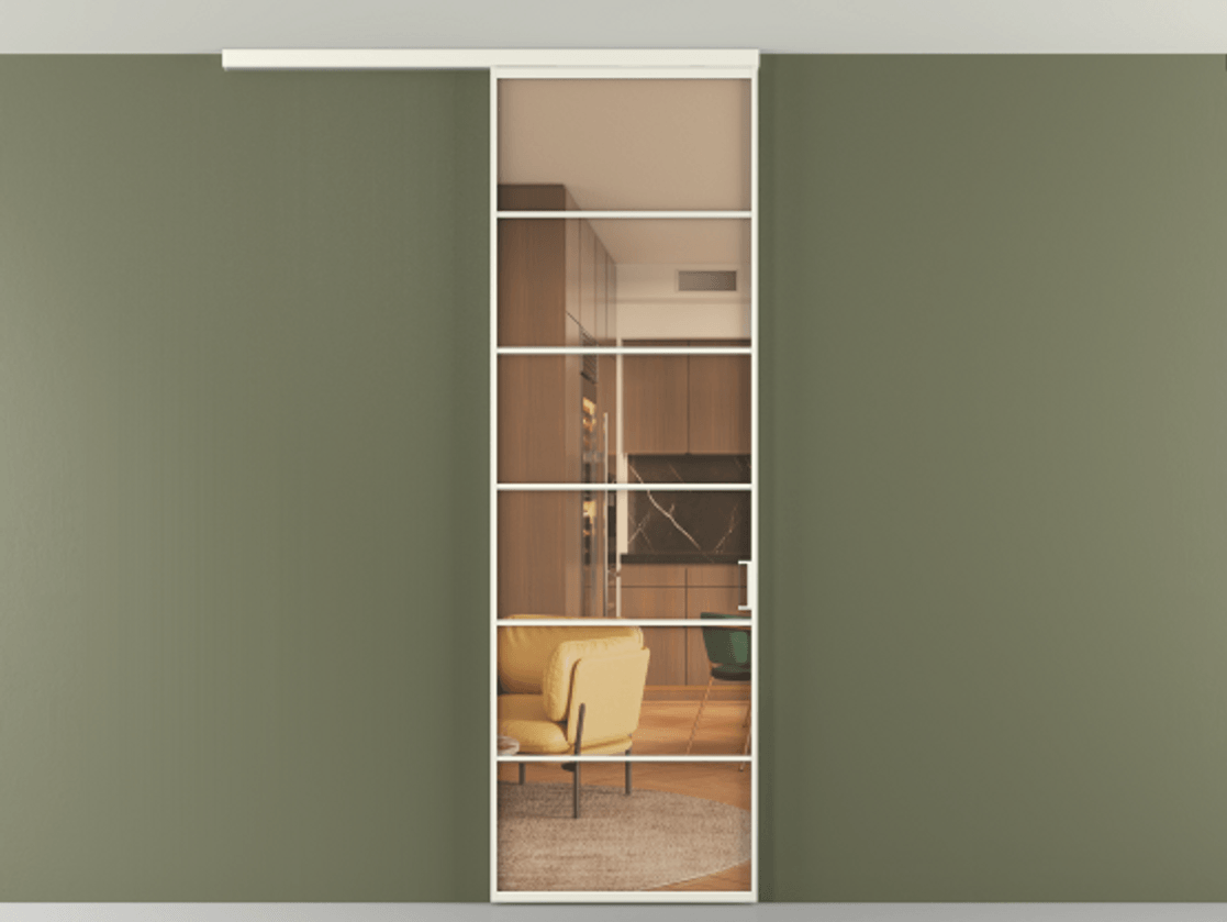 Перегородка Формато вдоль стены на потолок 1 створка АЛПР 040.04 Алюминий жемчужный Прозрачное оранжевое стекло, триплекс Цена 780891 ₸ | Volhovec