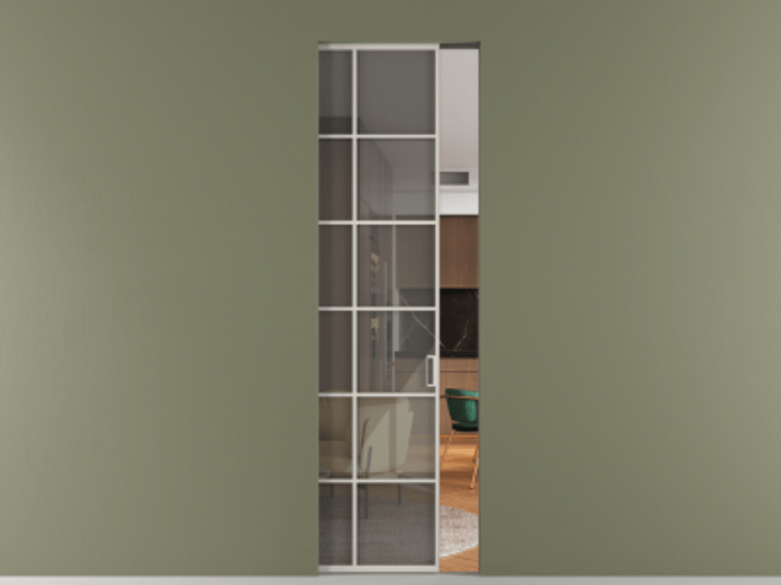 Перегородка Formato скрытый пенал 1 створка АЛПР 040.05 Алюминий облачно-серый Рефлективное серое стекло "Stopsol", калёное Цена 1161900 ₸ | Volhovec