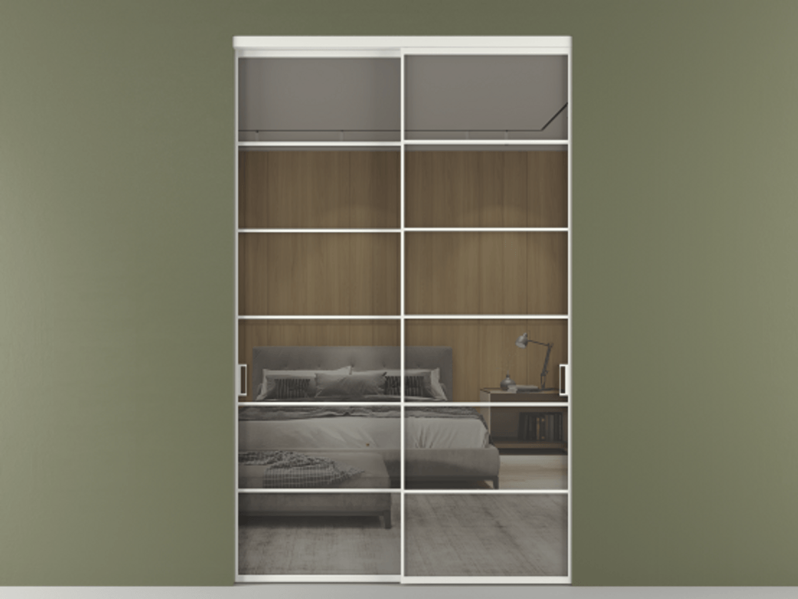 Перегородка Формато внутри проёма 2 створки АЛПР 040.04 Алюминий светло-серый Рефлективное серое стекло "Стопсол", калёное Цена 3733884 ₸  | Volhovec