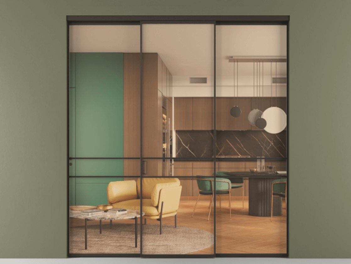 Перегородка Formato внутри проёма 3 створки АЛПР 040.02 Алюминий антрацит Прозрачное оранжевое стекло, триплекс Цена 1550900 ₸ | Volhovec