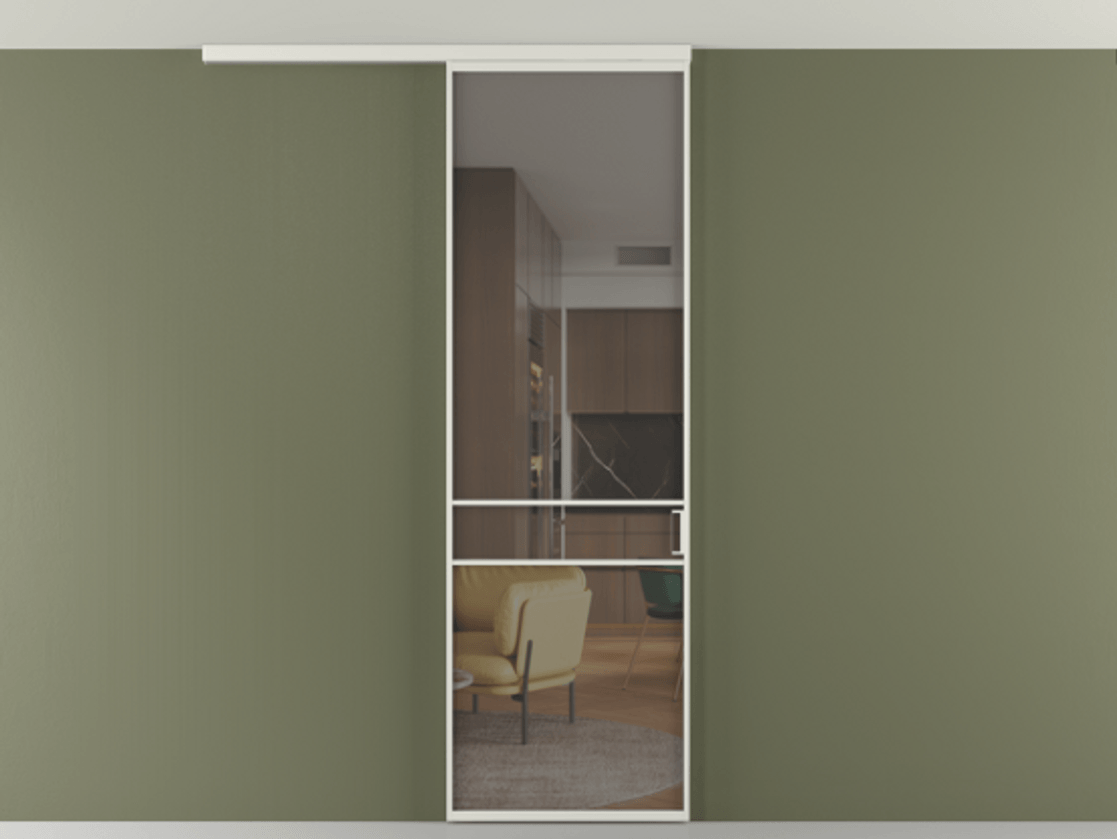 Перегородка Формато вдоль стены на потолок 1 створка АЛПР 040.02 Алюминий серый Прозрачное серое стекло, триплекс Цена 732246 ₸ | Volhovec