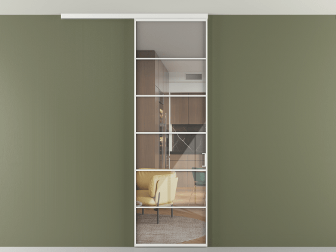 Перегородка Формато вдоль стены на потолок 1 створка АЛПР 040.04 Алюминий белоснежный Рефлективное прозрачное стекло "Стопсол", калёное Цена 863745 ₸ | Volhovec