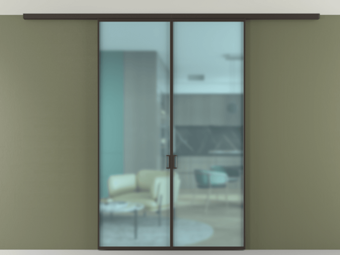 Перегородка Формато вдоль стены на потолок 2 створки АЛПР 040.01 Алюминий антрацит Сатинированное голубое стекло, триплекс Цена 1343450 ₸ | Volhovec