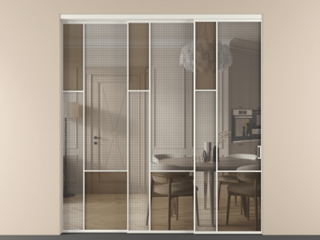 Перегородка Mosaic внутри проёма телескопик синхро 2 АЛПР 041.13 Алюминий Белый Mesh silver + Бронза прозрачное триплекс Цена 2566760 ₸ | Volhovec