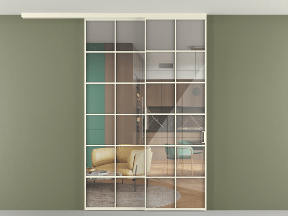 Перегородка Формато вдоль стены на потолок 2 створки с синхронным механизмом АЛПР 040.05 Алюминий молочно-белый Рефлективное прозрачное стекло "Стопсол", калёное Цена 2302050 ₸ | Volhovec