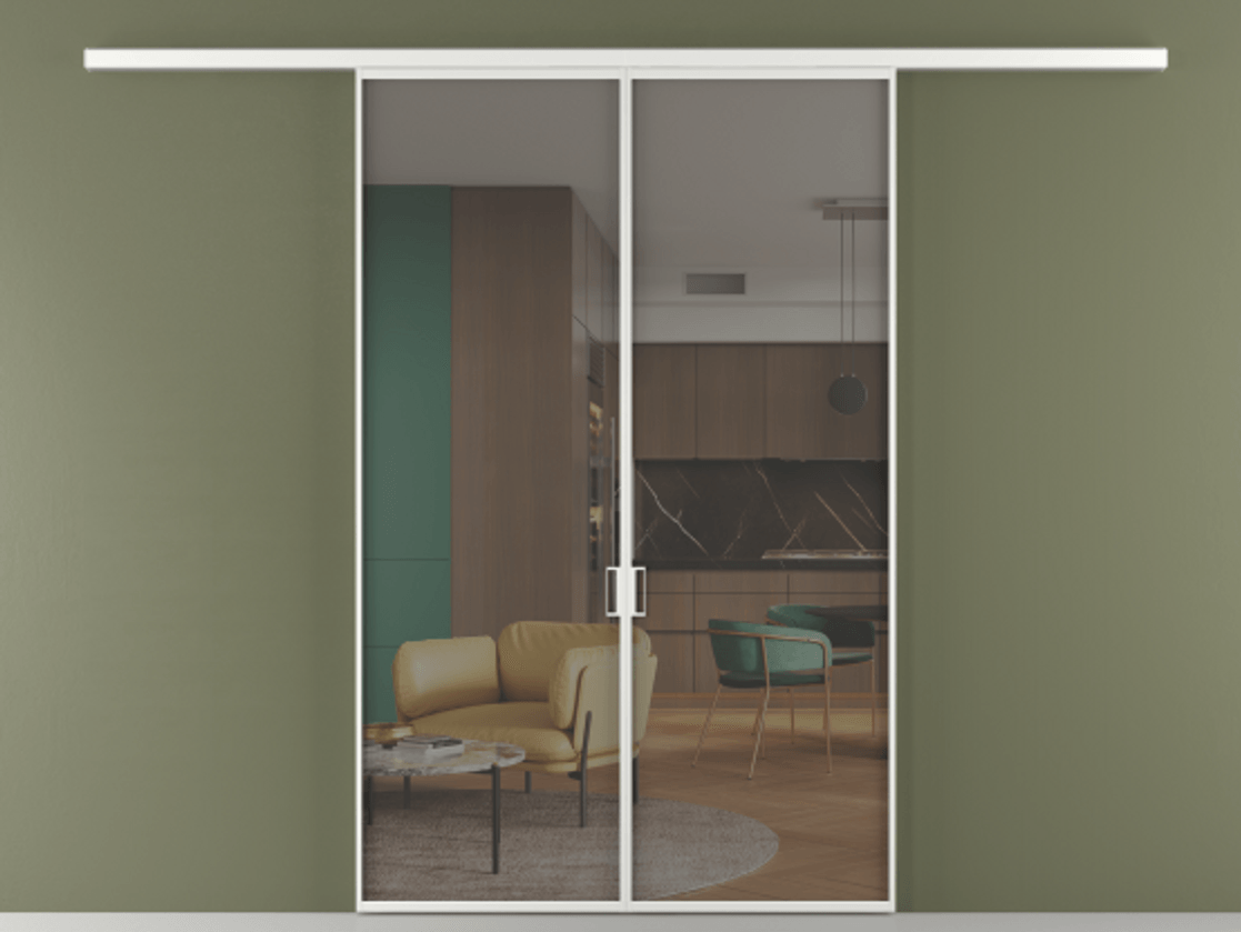 Перегородка Формато вдоль стены 2 створки АЛПР 040.01 Алюминий белоснежный Прозрачное серое стекло, триплекс Цена 1416366 ₸ | Volhovec