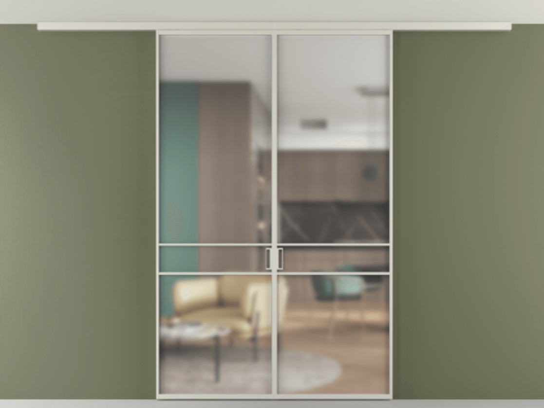 Перегородка Формато вдоль стены на потолок 2 створки АЛПР 040.02 Алюминий тёплый серый Сатинированное стекло "Мателюкс Кристал Вижн", калёное, матовое, каленое 6 мм Цена 1844035 ₸ | Volhovec