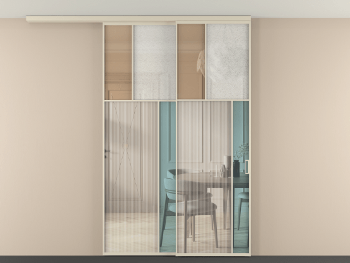 Перегородка Mosaic вдоль стены на потолок 2 створки с синхронным механизмом АЛПР 041.23 Алюминий бежево-серый Комбинация стекол Группы 1 и Группы 3 Цена 2234400 ₸ | Volhovec