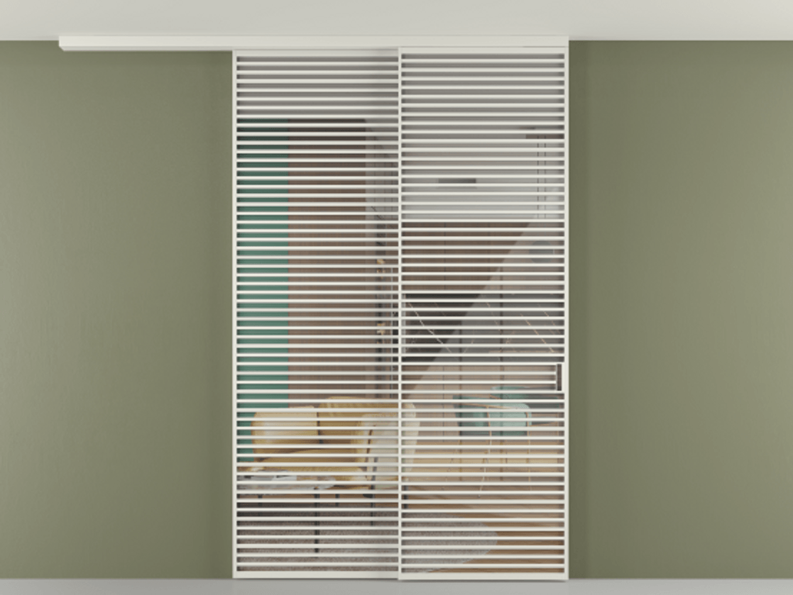 Перегородка Формато вдоль стены на потолок 2 створки с синхронным механизмом АЛПР 040.07 Алюминий серый Рефлективное прозрачное стекло "Стопсол", калёное Цена 3502215 ₸ | Volhovec