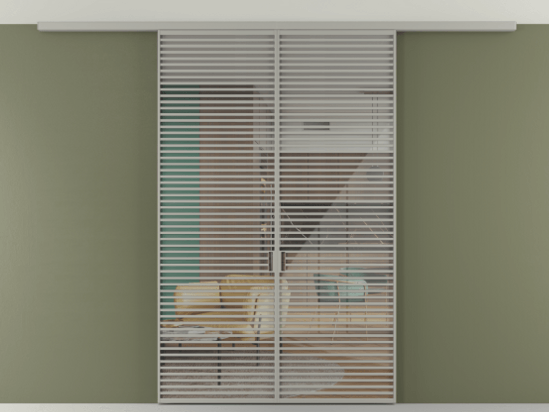 Перегородка Формато вдоль стены на потолок 2 створки АЛПР 040.07 Алюминий нейтральный серый Рефлективное прозрачное стекло "Стопсол", калёное Цена 2873979 ₸ | Volhovec