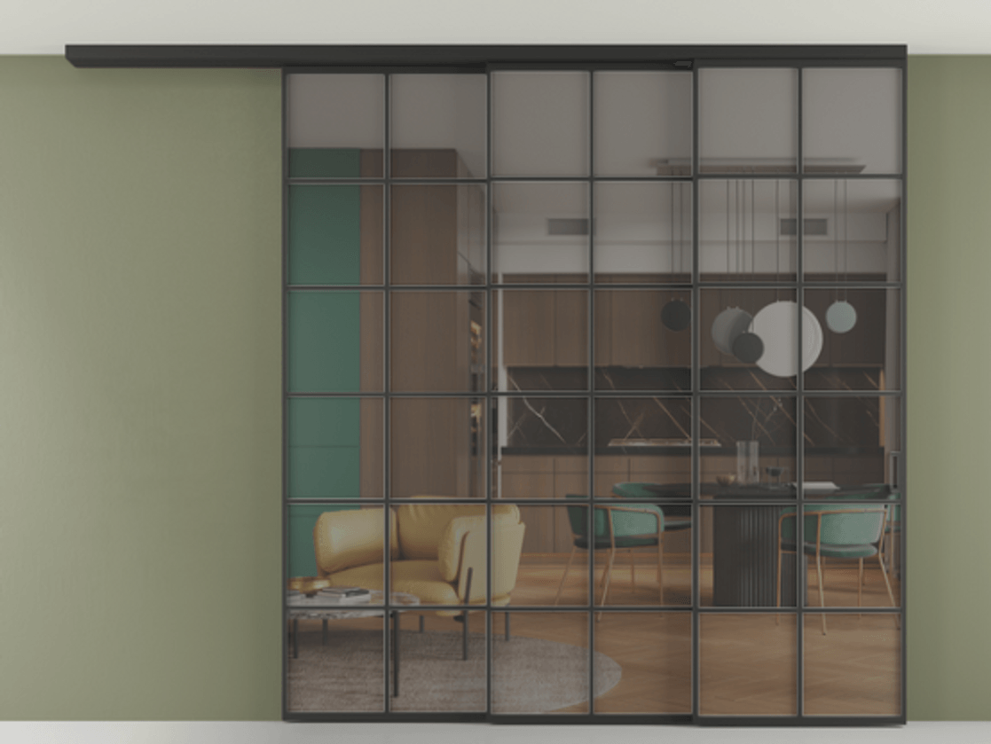 Перегородка Formato вдоль стены на потолок 3 створки с синхронным механизмом АЛПР 040.05 Алюминий Черный Прозрачное серое стекло, триплекс Цена 2476630 ₸ | Volhovec