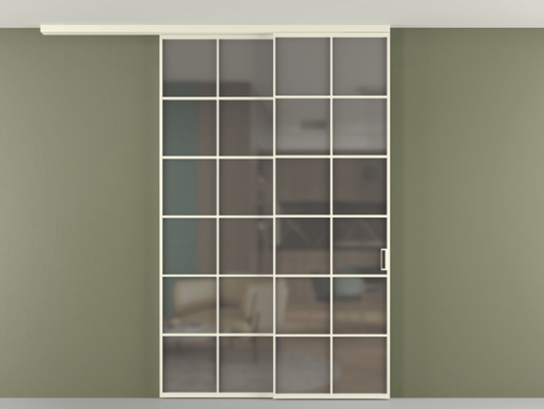 Перегородка Формато вдоль стены на потолок 2 створки с синхронным механизмом АЛПР 040.05 Алюминий молочно-белый Сатинированное серое стекло, триплекс Цена 2205282 ₸ | Volhovec