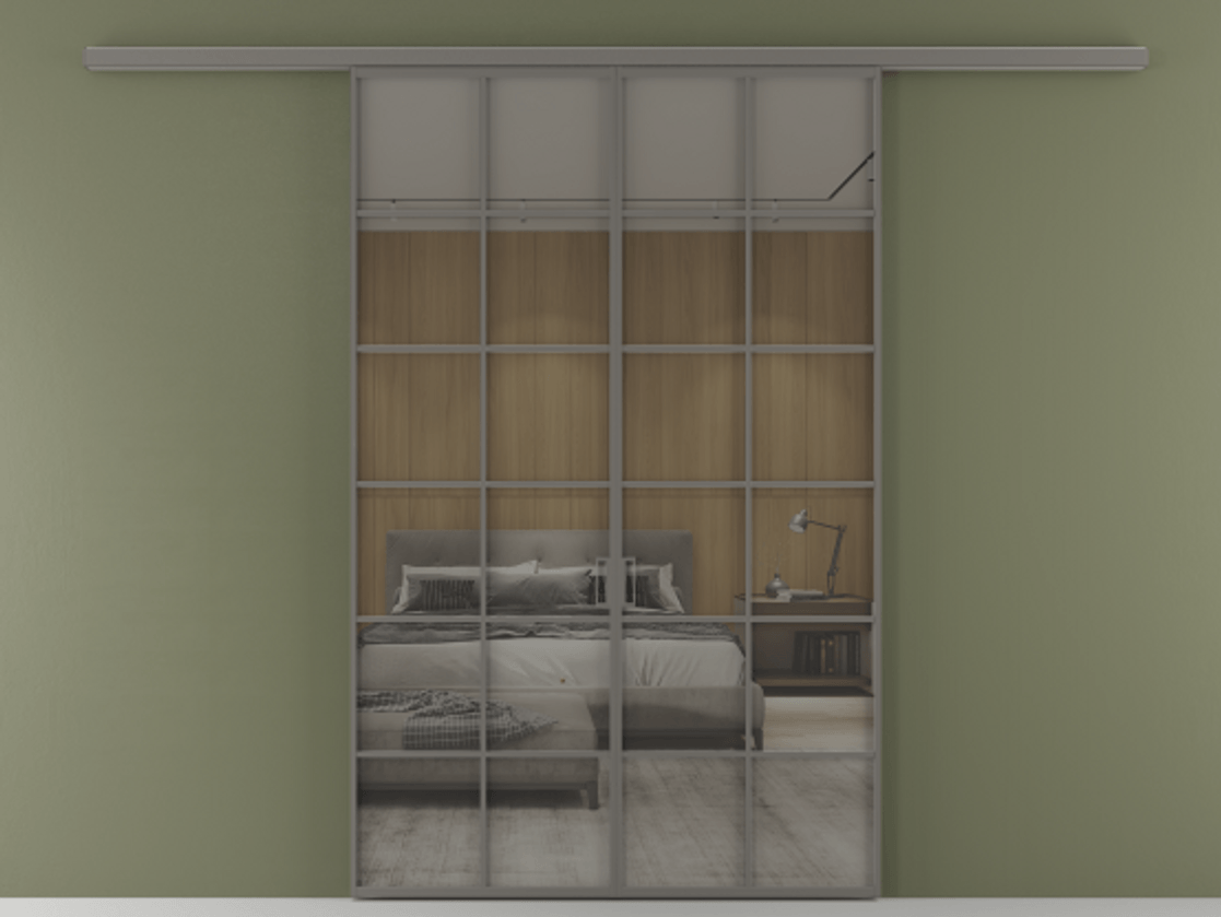 Перегородка Формато вдоль стены 2 створки АЛПР 040.05 Алюминий классический серый Рефлективное серое стекло "Стопсол", калёное Цена 2000376 ₸ | Volhovec