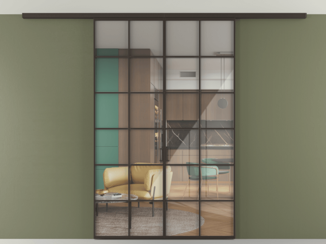 Перегородка Formato вдоль стены на потолок 2 створки АЛПР 040.05 Алюминий антрацит Рефлективное прозрачное стекло "Стопсол", калёное Цена 1973765 ₸ | Volhovec