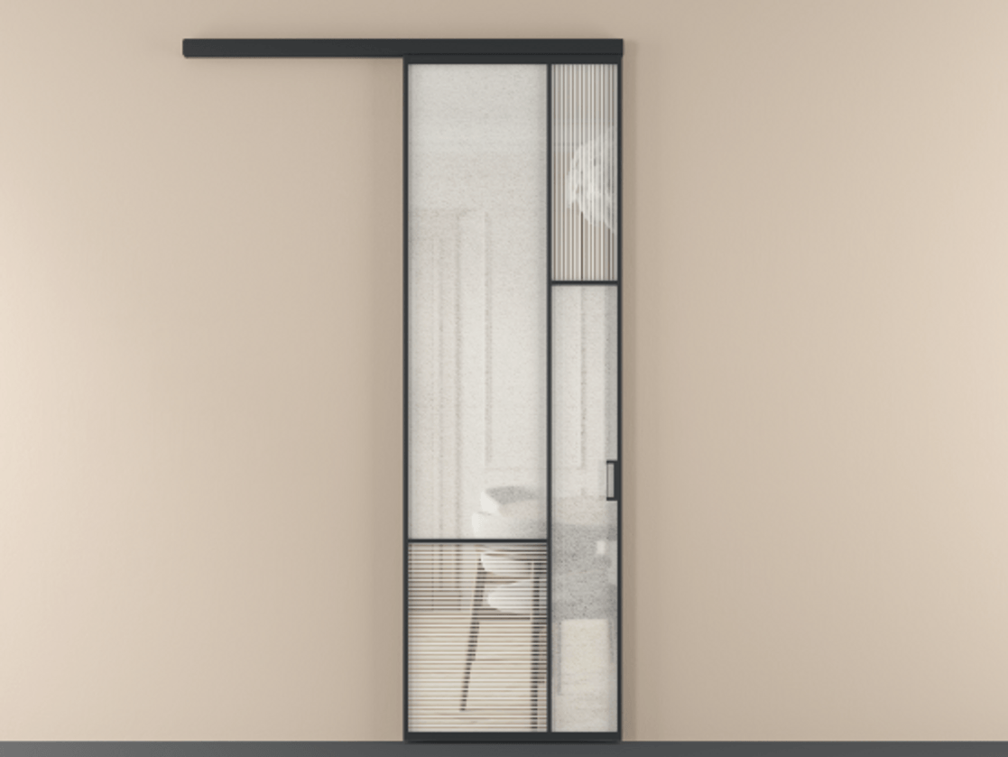 Перегородка Mosaic вдоль стены 1 створка АЛПР 041.12 Алюминий Черный Рифлёное стекло "Дюна", триплекс, 6 мм + Фактурное стекло "Лёд", триплекс Цена 869790 ₸ | Volhovec