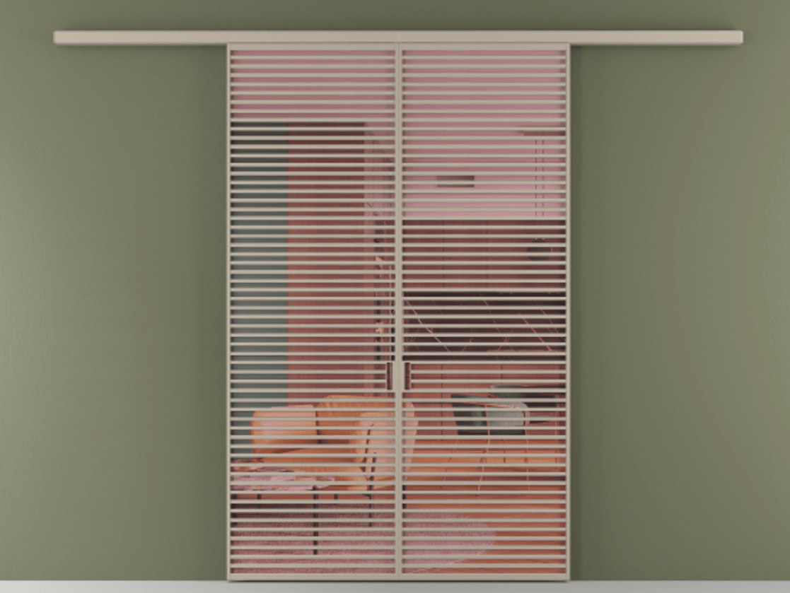 Перегородка Формато вдоль стены 2 створки АЛПР 040.07 Алюминий бисквитный Прозрачное розовое стекло, триплекс Цена 2588922 ₸ | Volhovec