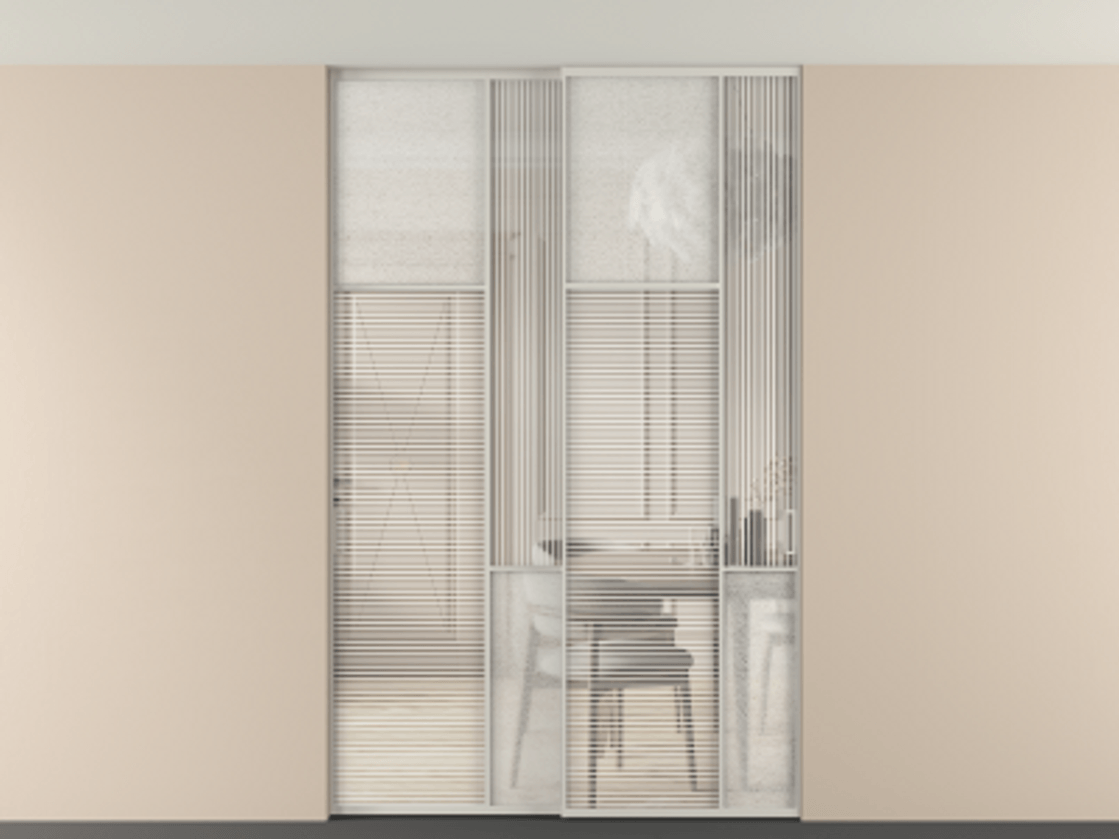 Перегородка Мозаик внутри проёма скрытое крепление в потолок 2 створки АЛПР 041.10 Алюминий тёплый серый Рифлёное стекло "Дюна", триплекс, 6 мм + Фактурное стекло "Лёд", триплекс Цена 2574785 ₸ | Volhovec