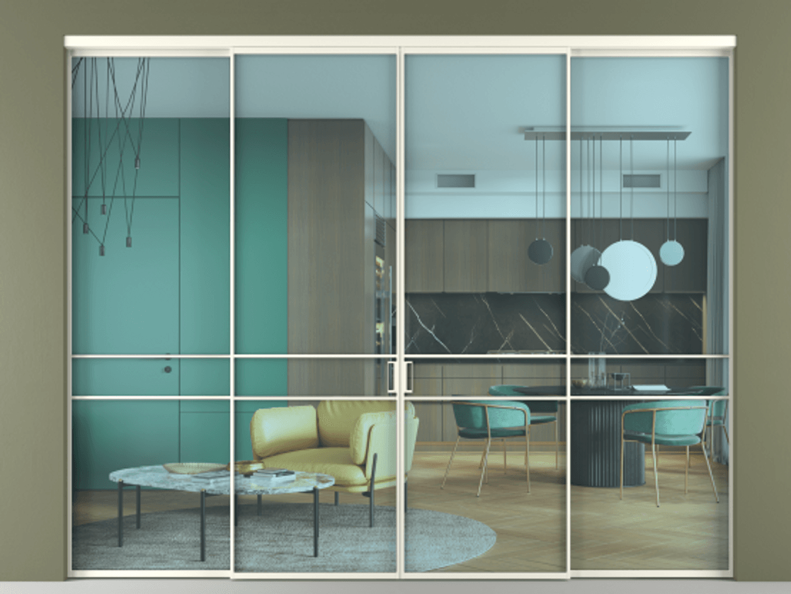 Перегородка Formato внутри проёма 4 створки АЛПР 040.02 Алюминий жемчужный Прозрачное голубое стекло, триплекс Цена 2103600 ₸  | Volhovec