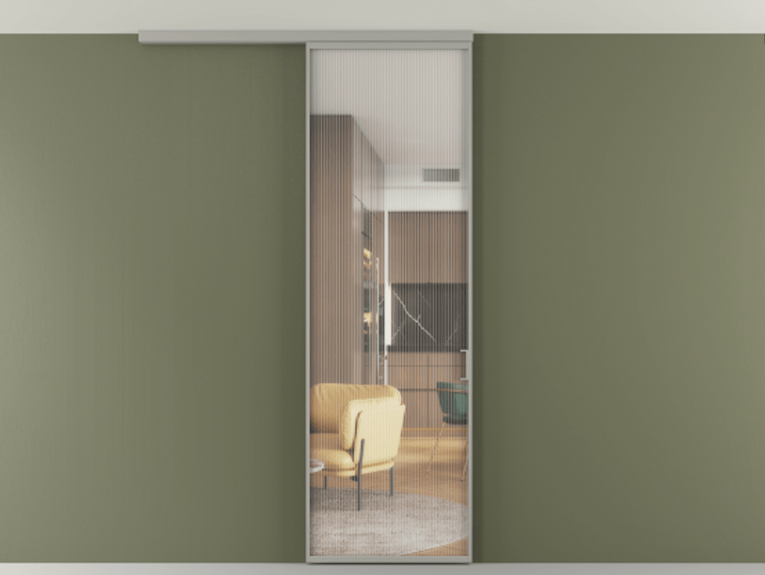 Перегородка Формато вдоль стены на потолок 1 створка АЛПР 040.01 Алюминий нейтральный серый Рифлёное стекло "Мору", триплекс Цена 775928 ₸ | Volhovec