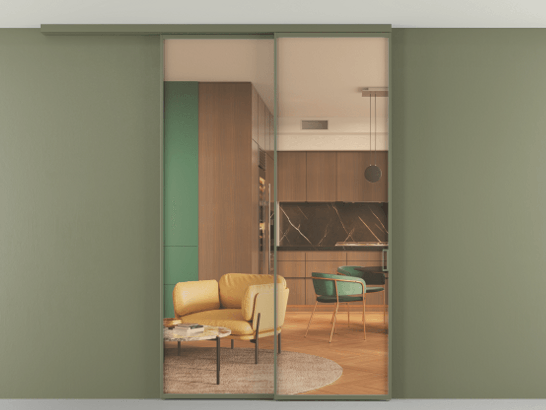 Перегородка Formato вдоль стены на потолок телескопик синхро 2 АЛПР 040.01 Алюминий оливковый тёмный Прозрачное оранжевое стекло, триплекс Цена 1675300 ₸ | Volhovec