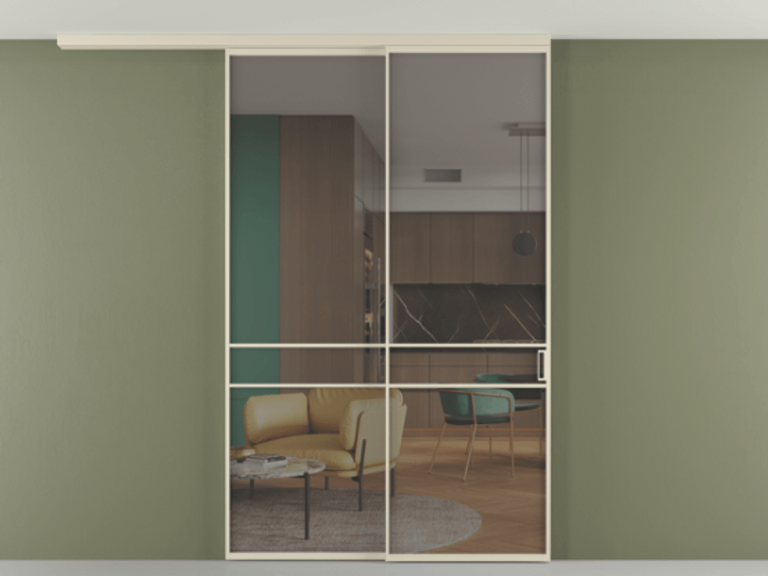 Перегородка Формато вдоль стены на потолок 2 створки с синхронным механизмом АЛПР 040.02 Алюминий бежево-серый Прозрачное серое стекло, триплекс Цена 2351311 ₸ | Volhovec