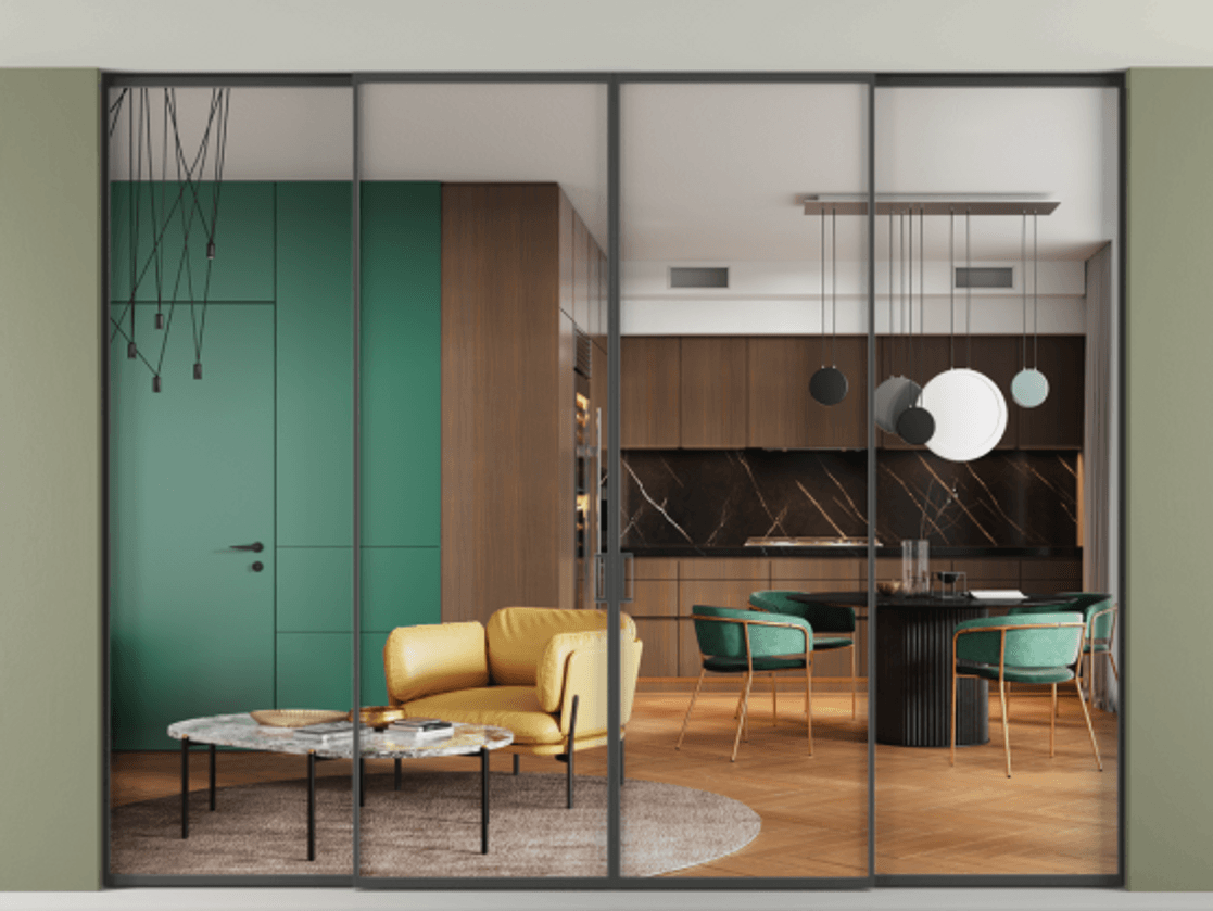 New Перегородка Formato внутри проёма скрытое крепление в потолок 4 створки АЛПР 040.01  Прозрачное стекло "Кристал Вижн", калёное Цена 4715777 ₸ | Volhovec