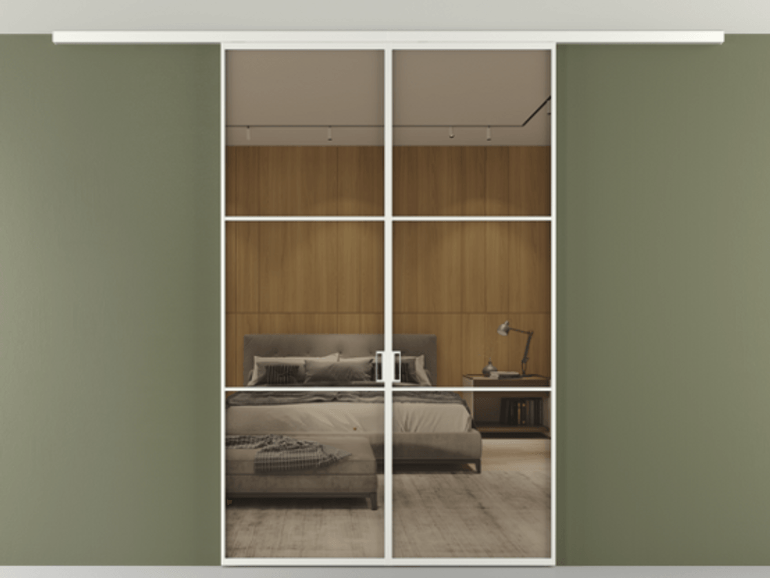 Перегородка Формато вдоль стены на потолок 2 створки АЛПР 040.03 Алюминий светло-серый Рефлективное бронзовое стекло "Стопсол", калёное Цена 1844035 ₸ | Volhovec