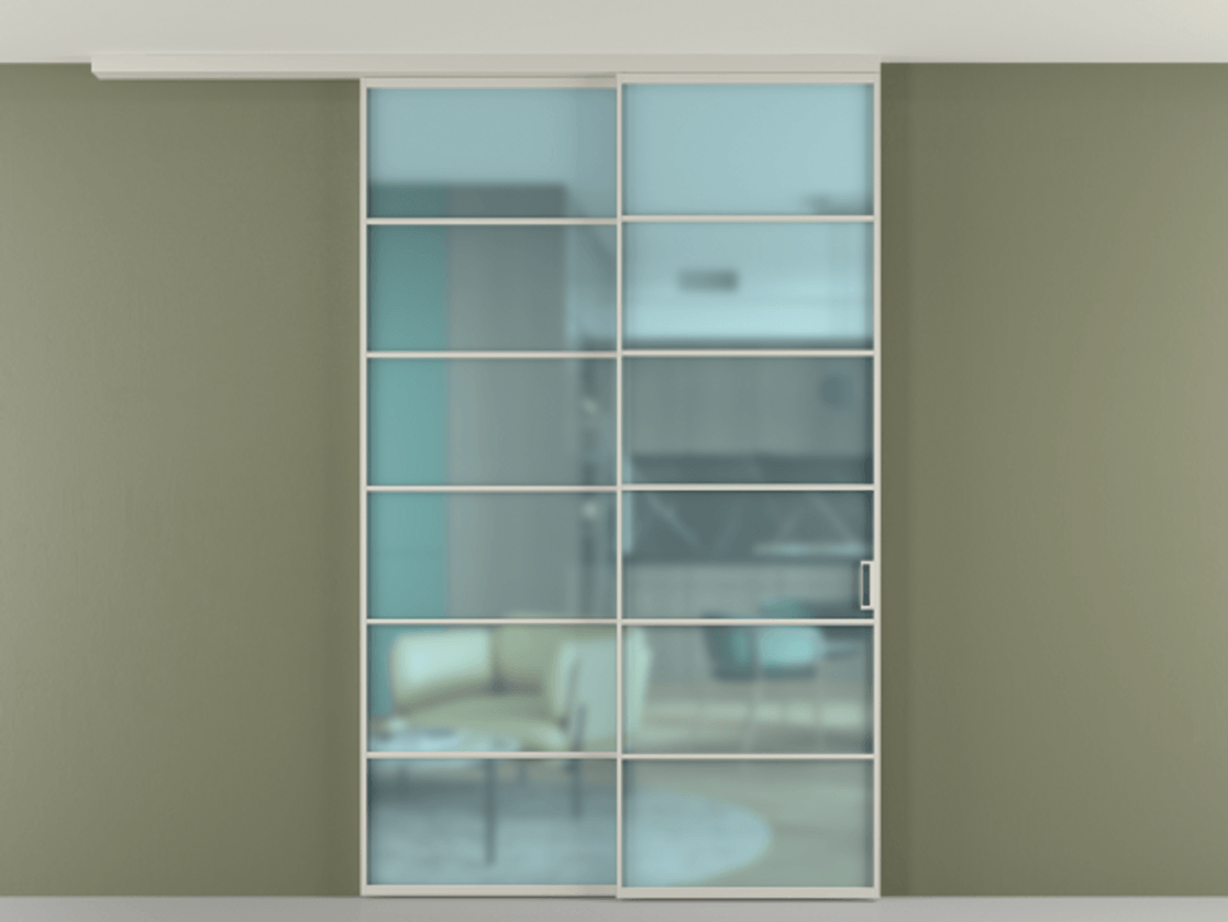 Перегородка Formato вдоль стены на потолок 2 створки с синхронным механизмом АЛПР 040.04 Алюминий тёплый серый Сатинированное голубое стекло, триплекс Цена 1820200 ₸ | Volhovec