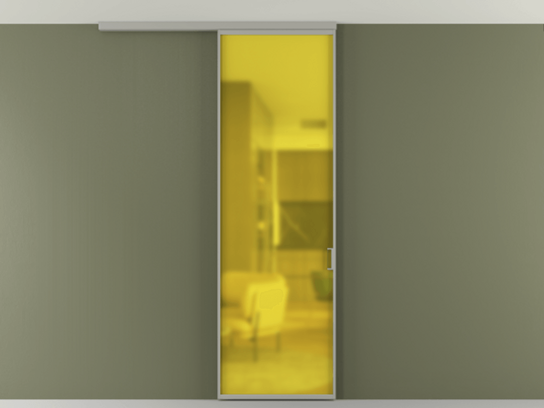 Перегородка Формато вдоль стены на потолок 1 створка АЛПР 040.01 Алюминий нейтральный серый Сатинированное жёлтое стекло, триплекс Цена 698563 ₸ | Volhovec