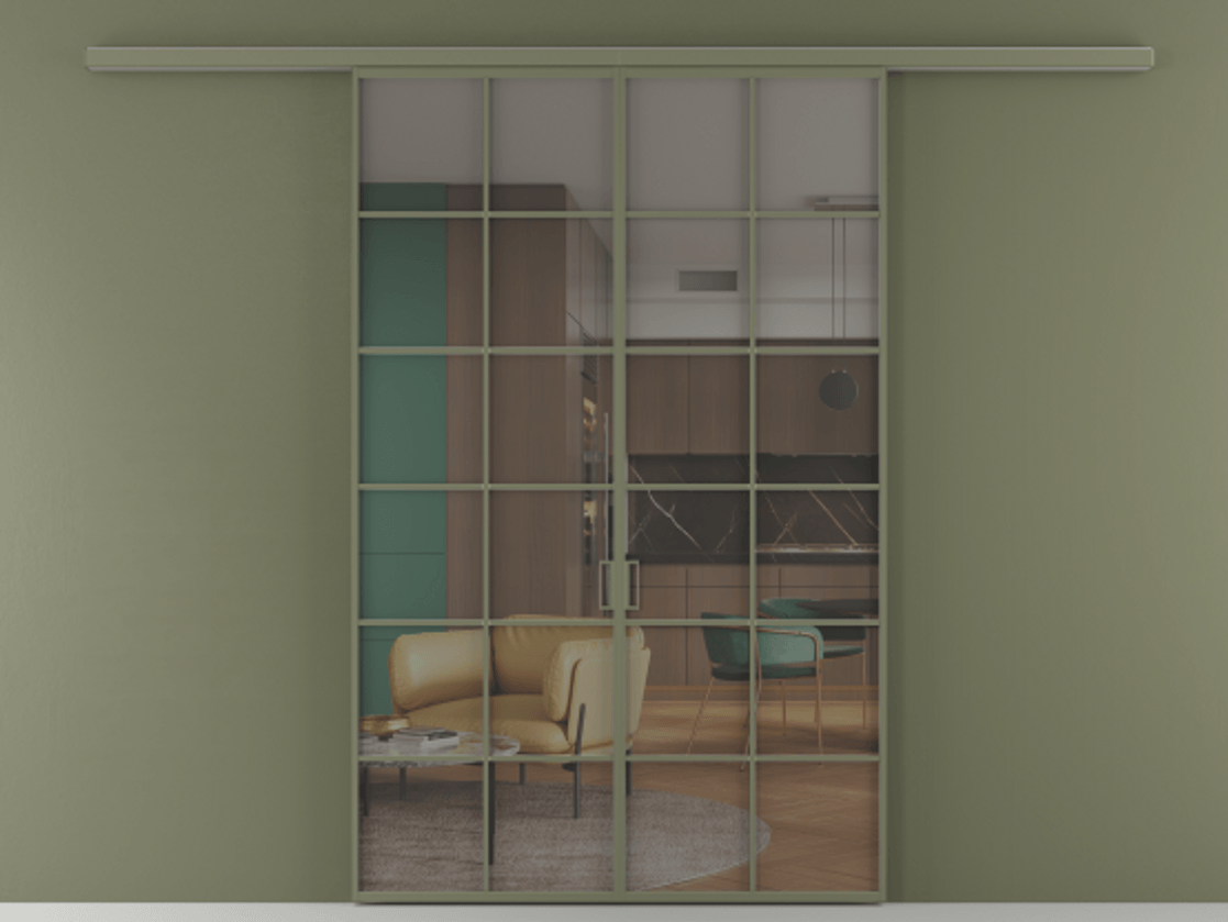 Перегородка Формато вдоль стены 2 створки АЛПР 040.05 Алюминий оливковый тёмный Прозрачное серое стекло, триплекс Цена 1566054 ₸ | Volhovec