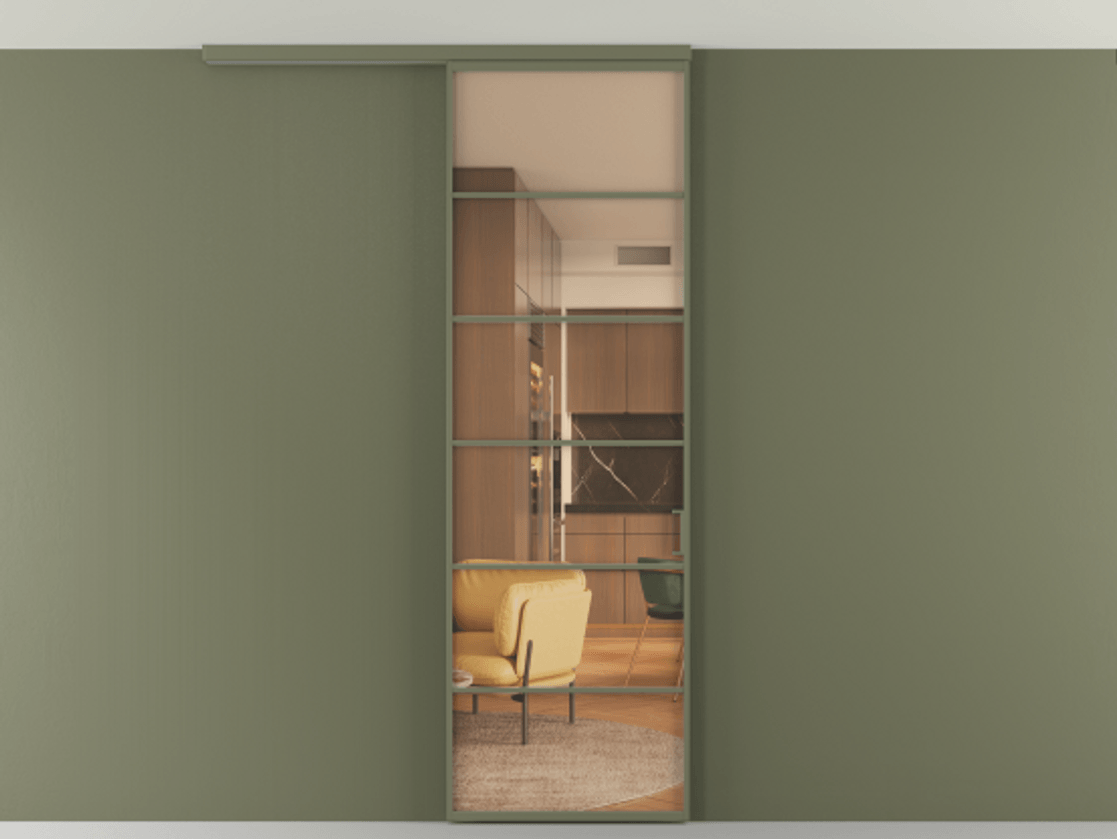 Перегородка Формато вдоль стены на потолок 1 створка АЛПР 040.04 Алюминий оливковый тёмный Прозрачное оранжевое стекло, триплекс Цена 815361 ₸ | Volhovec