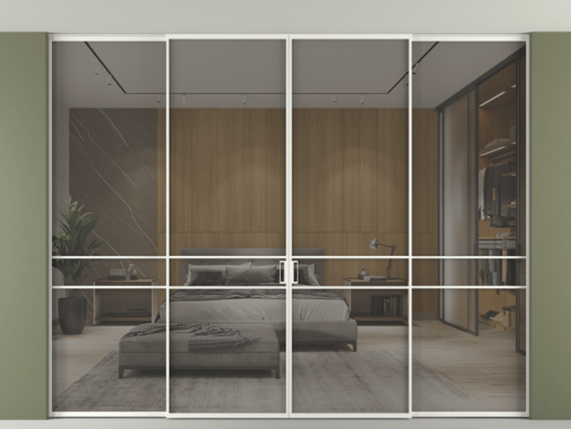 Перегородка Формато внутри проёма скрытое крепление в потолок 4 створки АЛПР 040.02 Алюминий светло-серый Рефлективное серое стекло "Стопсол", калёное Цена 4196858 ₸ | Volhovec