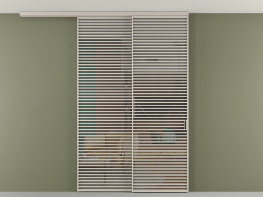 Перегородка Формато вдоль стены на потолок 2 створки с синхронным механизмом АЛПР 040.07 Алюминий светло-бежевый Прозрачное серое стекло, триплекс Цена 3405447 ₸ | Volhovec