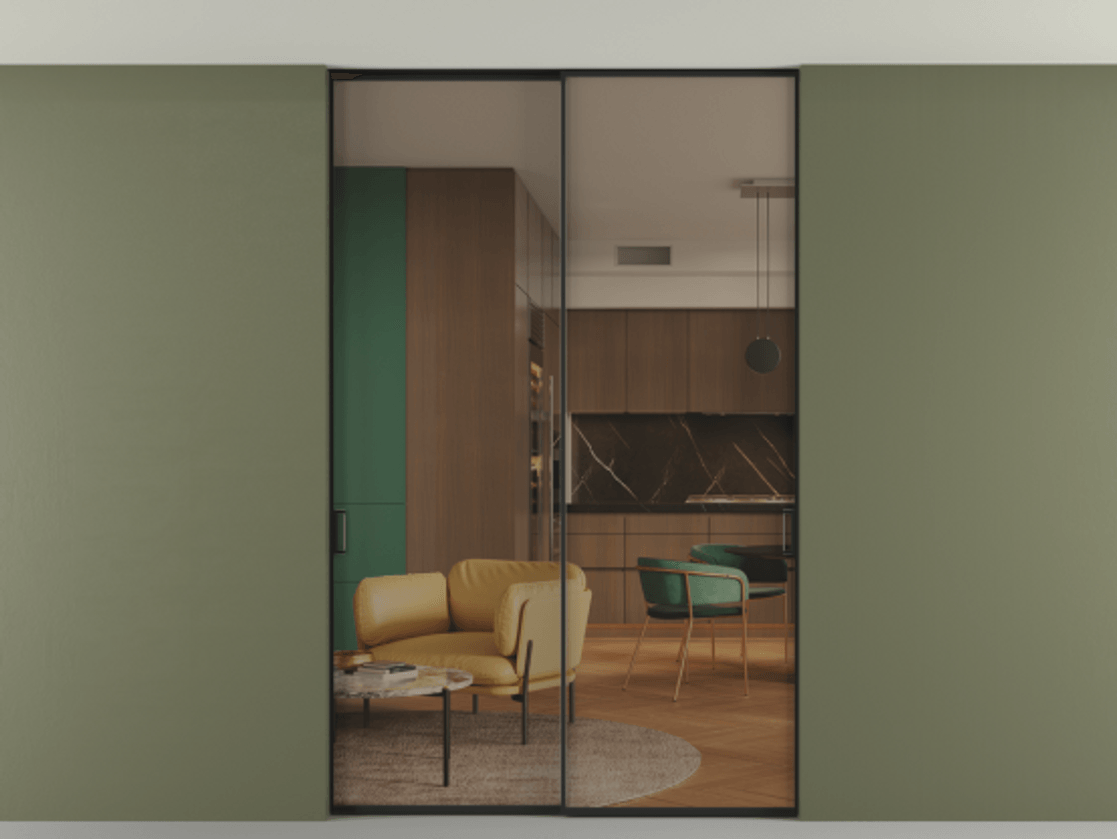 Перегородка Formato внутри проёма скрытое крепление в потолок 2 створки АЛПР 040.01 Алюминий Черный Прозрачное бронзовое стекло, триплекс Цена 1503770 ₸ | Volhovec