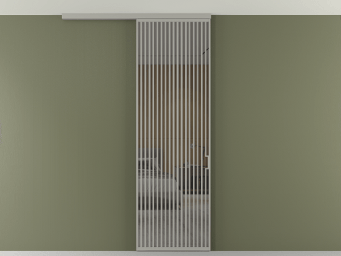 Перегородка Формато вдоль стены на потолок 1 створка АЛПР 040.06 Алюминий нейтральный серый Рефлективное серое стекло "Стопсол", калёное Цена 1463828 ₸ | Volhovec