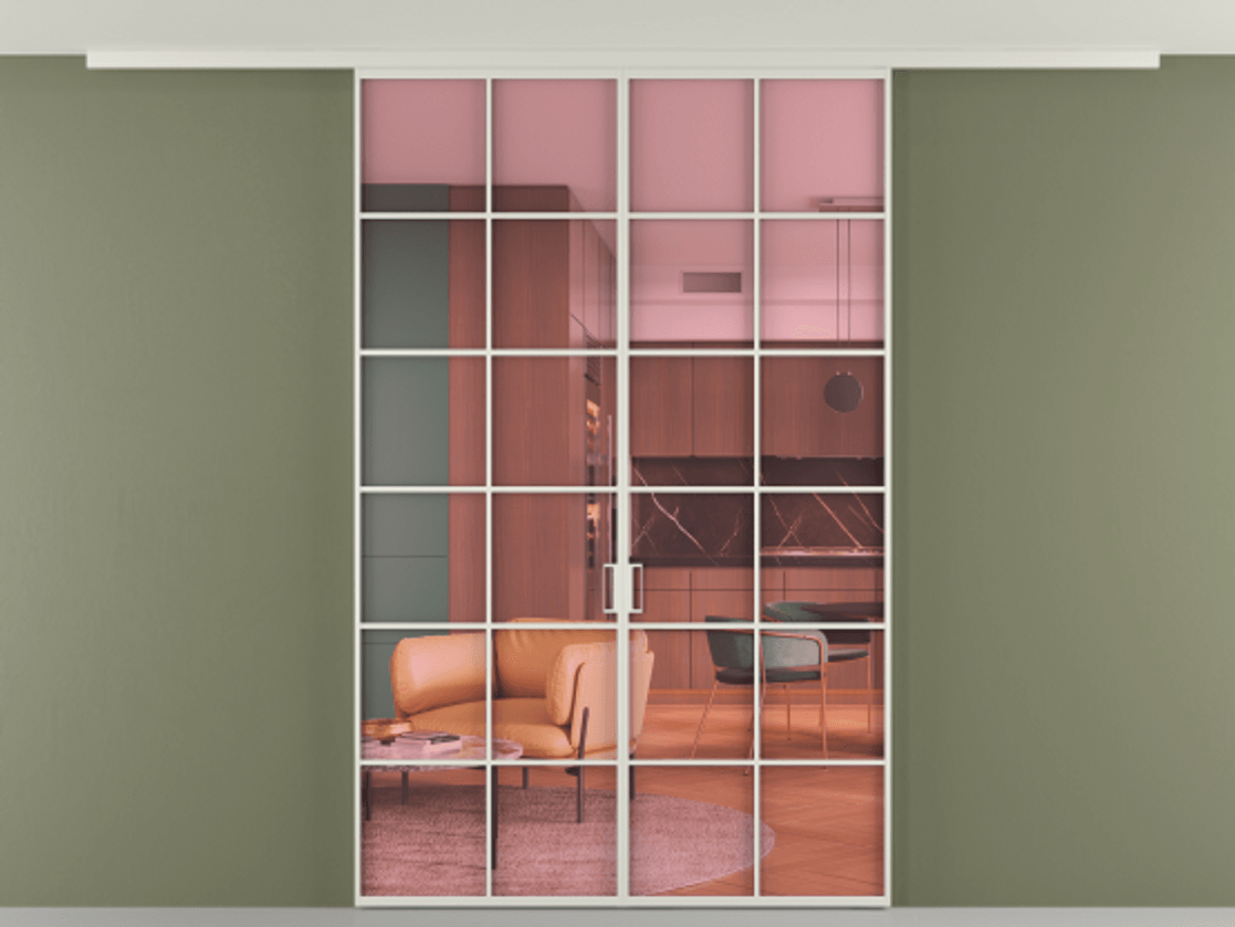 Перегородка Формато вдоль стены на потолок 2 створки АЛПР 040.05 Алюминий Белый Прозрачное розовое стекло, триплекс Цена 1449895 ₸ | Volhovec