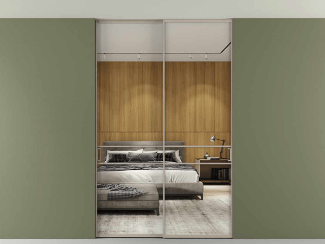 Перегородка Formato внутри проёма двустворчатая со скрытым креплением в потолок АЛПР 040.02 Алюминий бисквитный Двустороннее зеркало, триплекс 6 мм, триплекс 6 мм.  Цена 1702650 ₸ 1. Полотно 2 шт. (800/2100 мм)
 2. Комплект установки раздвижной системы
 3. Базовый комплект фурнитуры
4. Ручка RONDO. Фабрика дверей Волховец 8 (800) 551 43 19  Перегородка Formato внутри проёма двустворчатая со скрытым креплением в потолок АЛПР 040.02 Алюминий бисквитный Двустороннее зеркало, триплекс 6 мм, триплекс 6 мм Цена 1702650 ₸ | Volhovec