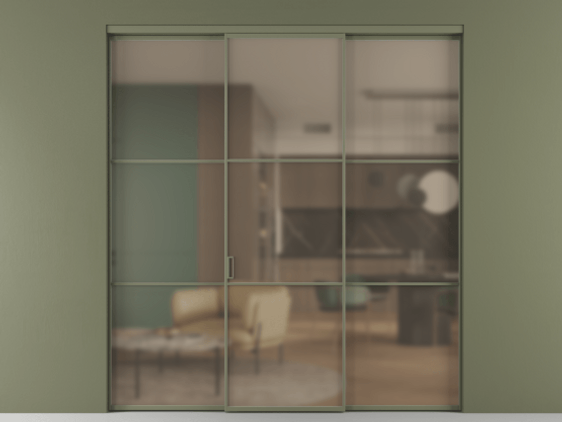 Перегородка Формато внутри проёма 3 створки АЛПР 040.03 Алюминий оливковый тёмный Сатинированное бронзовое стекло, триплекс Цена 1793799 ₸ | Volhovec