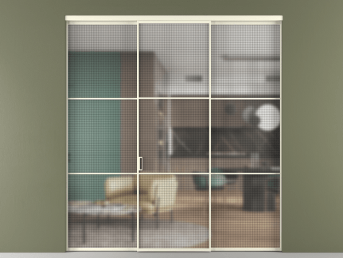 Перегородка Formato внутри проёма 3 створки АЛПР 040.03 Алюминий молочно-белый Декоративное стекло с сеткой "Mesh silver", триплекс Цена 1670700 ₸ | Volhovec